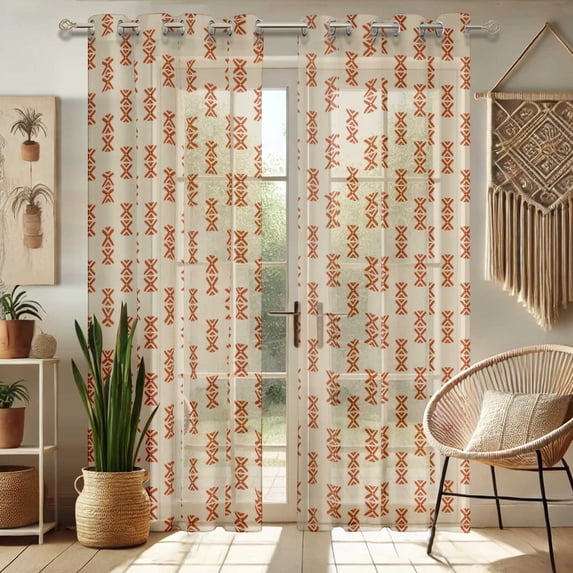 Vargottam Geometric Design Sheer Georgette Curtains for Windows & Small Doors Set of 2 Panels, 72" Long, Grommet Top, Printed Light Filtering Drapes for Living Room or Study