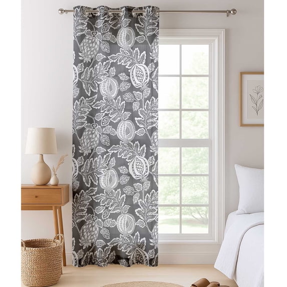 Vargottam Gray Fruits Print Sheer Curtains for Tall Doors & Windows - Set of 2, 90", Grommet Top, Printed Georgette Light Filtering Panels for Home Decor
