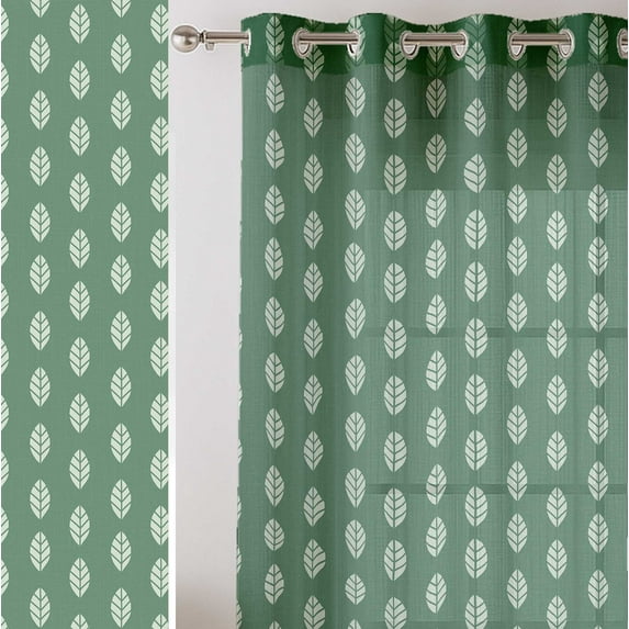 Vargottam Green Block Leaf Print Sheer Georgette Curtains for Windows & Small Doors - Set of 2 Panels, 72" Long, Grommet Top, Printed Light Filtering Drapes for Living Room or Study