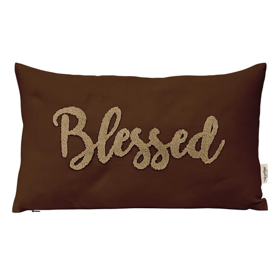 Vargottam Handmade Cushion Covers Decorative Embroidered Boho Canvas Pillow Cover- Blessed Embroidered Throw Lumbar Pillow Case- Farmhouse Decor - 12 x 20 inches | Brown
