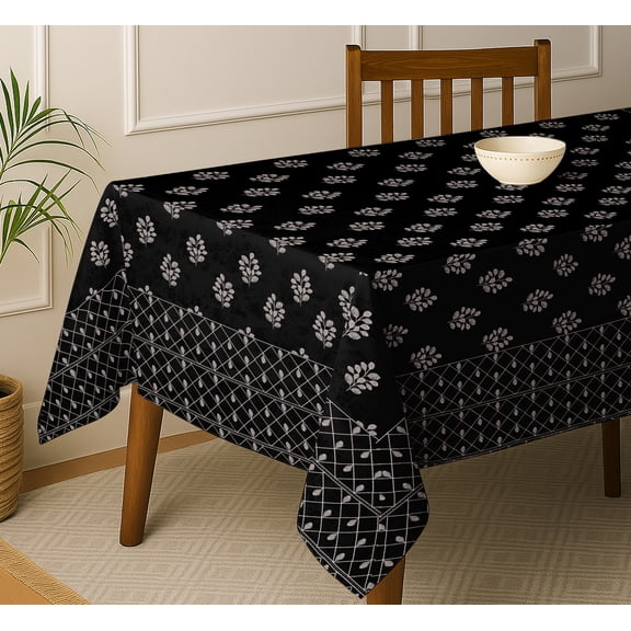Vargottam Leaves Design Cotton Tablecloth - Black 60x90 Inch Dining Table Cover, Suitable for 6 Seater Tables, Strong & Long-Lasting Fabric, Reusable, Perfect for Daily Dining, Weddings & Parties