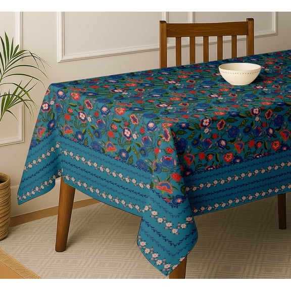 Vargottam Leaves Design Cotton Tablecloth - Blue 60x90 Inch Dining Table Cover, Suitable for 6 Seater Tables, Strong & Long-Lasting Fabric, Reusable, Perfect for Daily Dining, Weddings & Parties