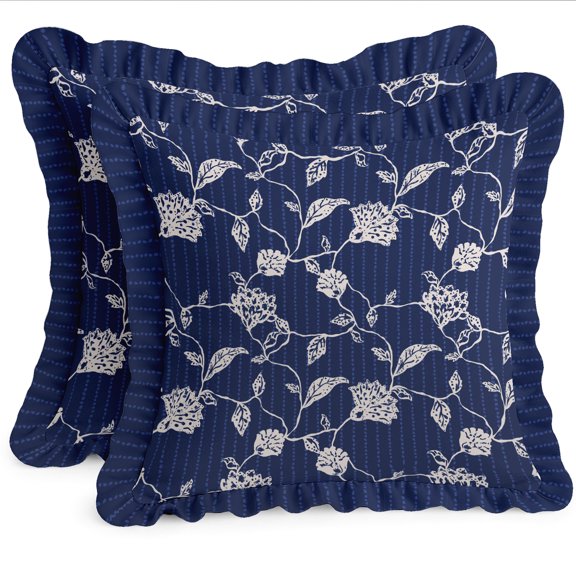 Vargottam Leaves Pattern Design, Decorative Cushion Covers 18x18 - 100% Cotton Twill Set of 2 with Ruffle Edges, Farmhouse Print, Concealed Zipper Closure, No Fillers