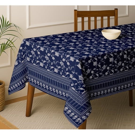 Vargottam Leaves Print Tablecloth - Blue Cotton Twill Fabric, 54x54 Inch Square Dining Table Cover for 4 Seater, Durable, Everyday Dining & Parties, Matching Napkins & Runners Available