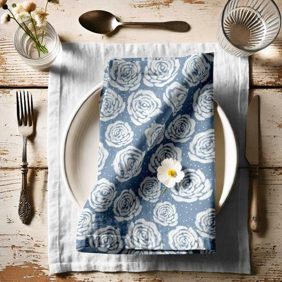 Vargottam Luxury Cotton Canvas Napkins- Set of 12, 20-Inch Blue Hue Elegant Sketched Rose Print, Premium Thick Cloth Napkins for Elegant Dining & Special Occasions- Soft, Absorbent & Machine Washable