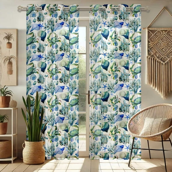Vargottam Ocean Print Sheer Georgette Curtains for French Doors & Balcony 2 Panels, 96" Long, Light Filtering, Grommet Top Printed Drapes for Living Room or Lounge