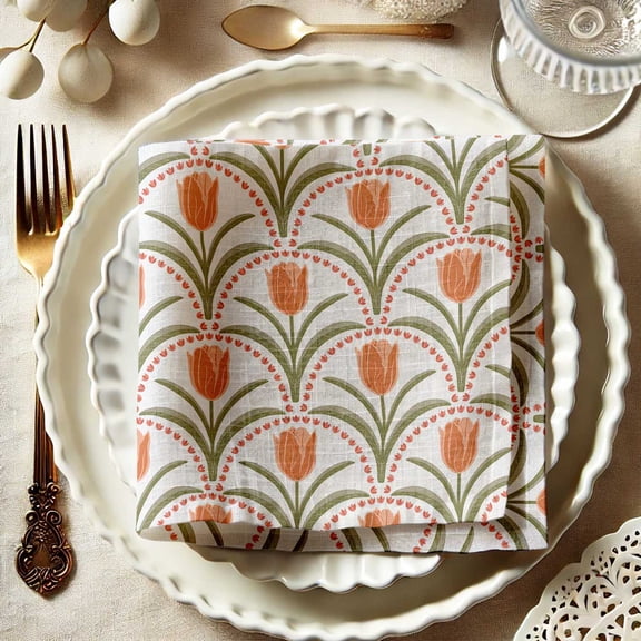 Vargottam Orange Cotton Muslin Napkins - Set of 12, 20x20 Inches, Elegant Orange Tulip Print, Perfect for Spring Celebrations, Tea Parties, and Daily Dining - Machine Washable