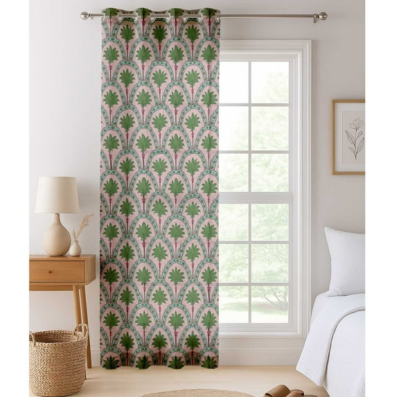 Vargottam Palm Tree Print Sheer Curtains for Tall Doors & Windows - Set of 2, 90", Grommet Top, Printed Georgette Light Filtering Panels for Home Decor