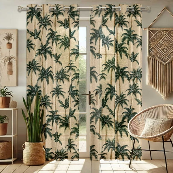 Vargottam Palm Tree Print Sheer Curtains for Tall Doors & Windows - Set of 2, 90", Grommet Top, Printed Georgette Light Filtering Panels for Home Decor