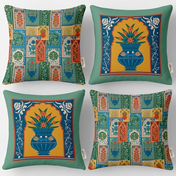 Vargottam Patchwork Design, Decorative Cushion Covers Set of 4 - 16x16 Inch, 100% Cotton , Printed on Both Sides, Hidden Zipper, Green