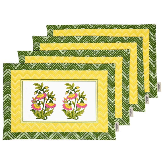 Vargottam Placemats- Placemat For Dining Table, Set Of 4- Printed & Reversible CottonNapkin-IndoorPlacematsFor Home & Kitchen Dining Table- Asian Block (Yellow)