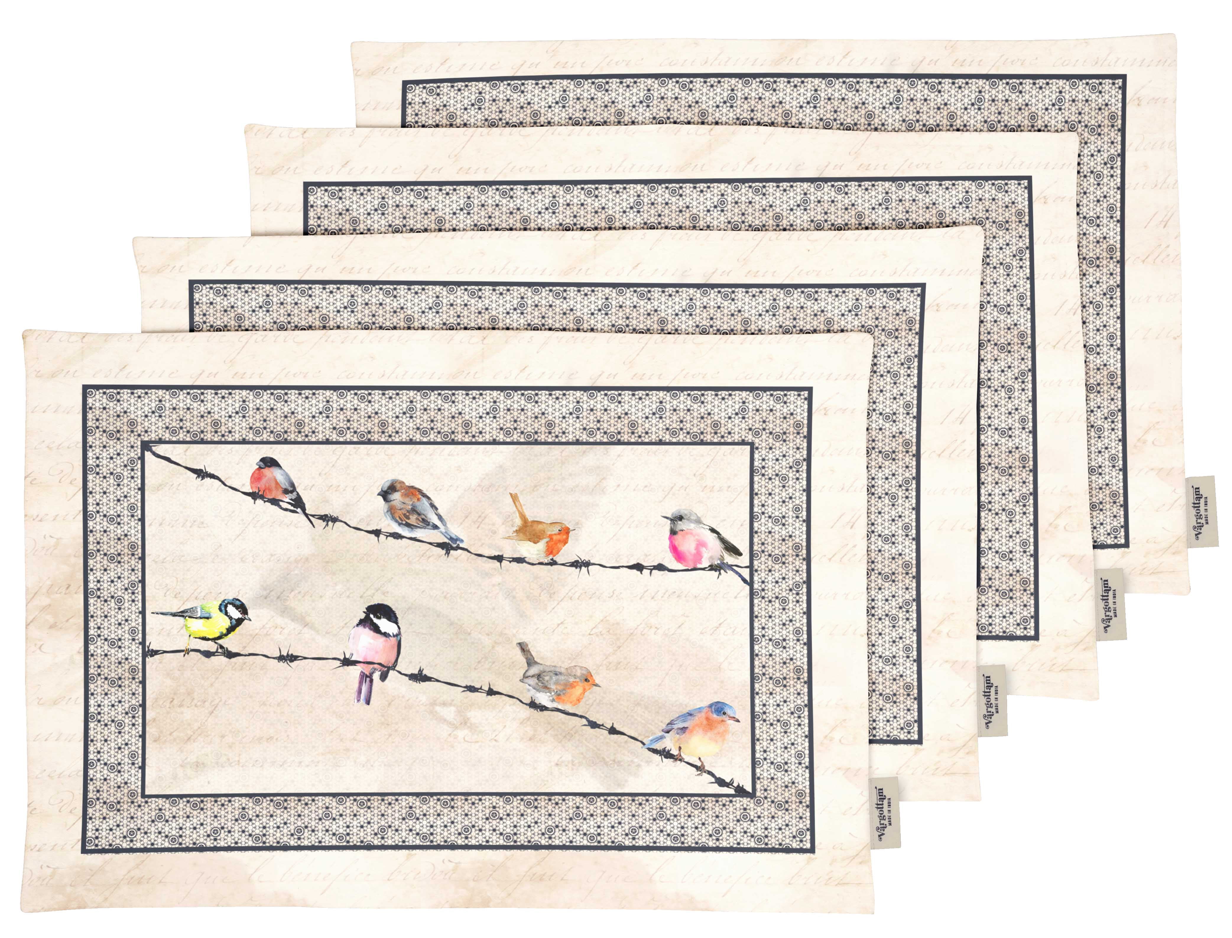 Vargottam Placemats- Placemat For Dining Table, Set Of 4- Printed & Reversible CottonNapkin-IndoorPlacematsFor Home & Kitchen Dining Table- Bird (Beige)