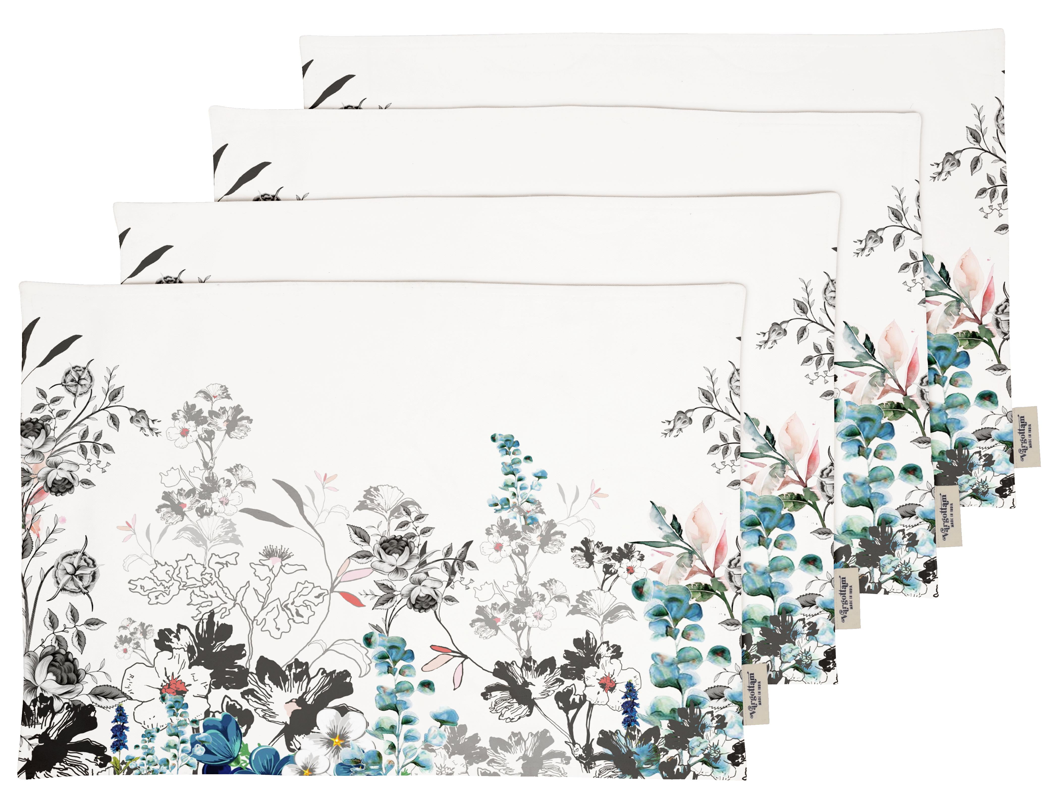 Vargottam Placemats- Placemat For Dining Table, Set Of 4- Printed & Reversible CottonNapkin-IndoorPlacematsFor Home & Kitchen Dining Table- Watercolor Flowers (Blue & Gray)