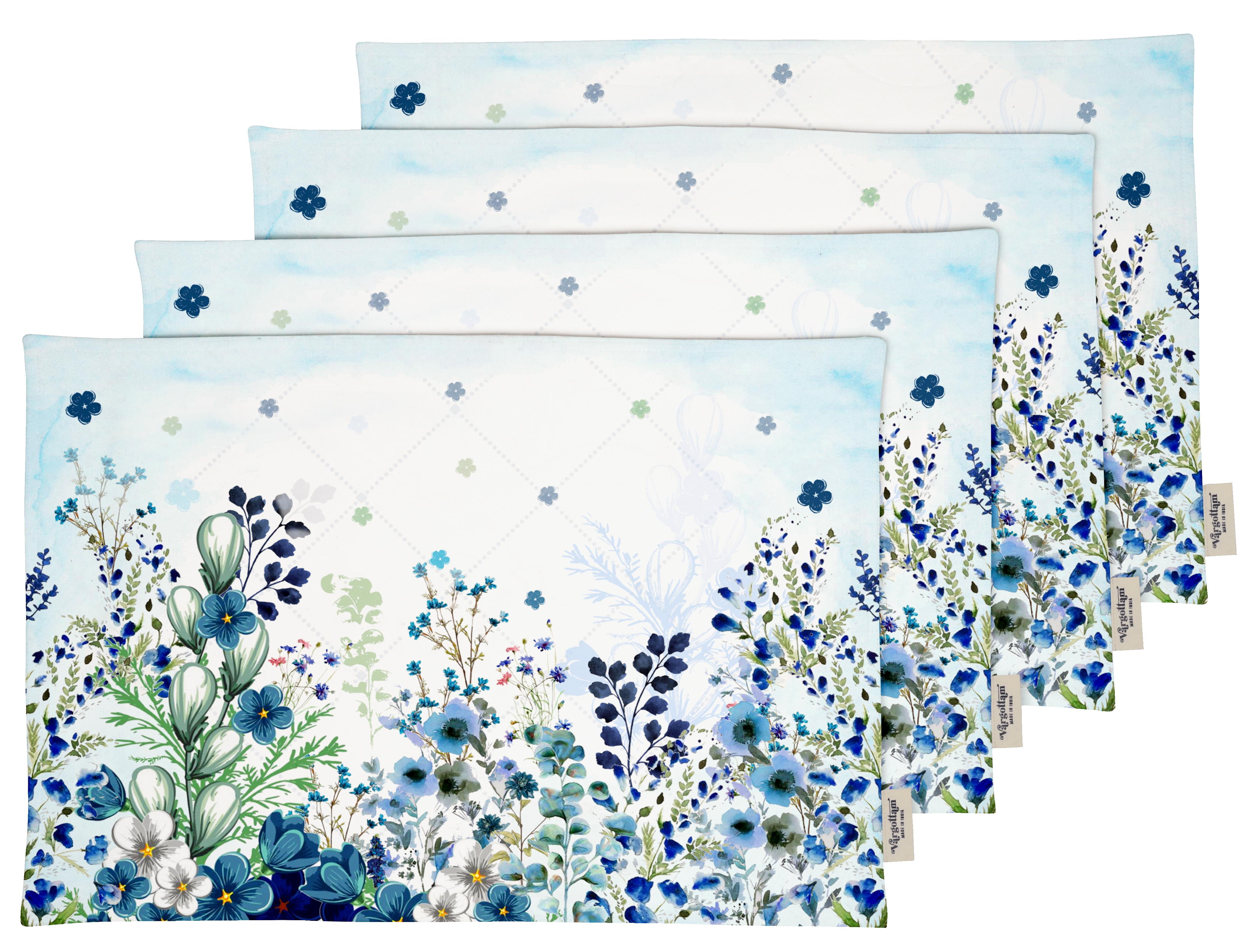 Vargottam Placemats- Placemat For Dining Table, Set Of 4- Printed & Reversible CottonNapkin-IndoorPlacematsFor Home & Kitchen Dining Table- Watercolor Flowers (Blue)