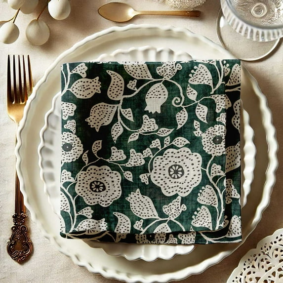 Vargottam Premium Cotton Muslin Napkins - Set of 12, 20-Inch Green Leaves Print, Soft and Absorbent Cloth Napkins for Dining, Decor, Weddings, and Special Occasions - Machine Washable, Table Linens