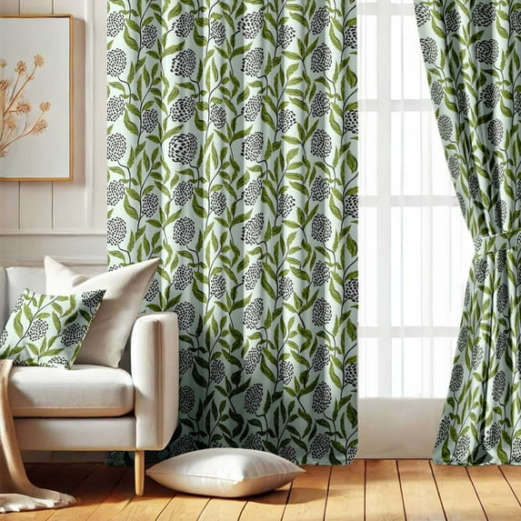 Vargottam Printed Blackout Curtains - Green Leafy Floral Design, Set of 2 Panels, 52 x 63 Inches - Room Darkening, Thermal Insulated Window/Door Drapes with Grommets