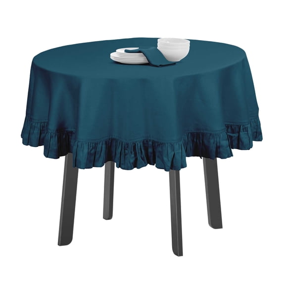 Vargottam Ruffle Tablecloth Kitchen Dining Tabletop Cover Decoration Cotton Solid Table Cover Round, Teal Blue- 54 Inches Diameter
