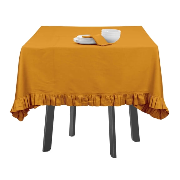 Vargottam Ruffle Tablecloth Kitchen Dining Tabletop Cover Decoration Cotton Solid Table Cover Square,Mustard Yellow,54 x 54 Inches