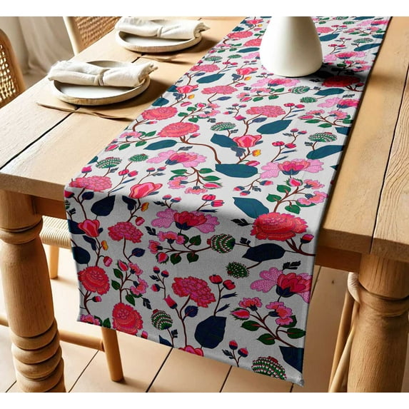 Vargottam Sustainable Cotton Table Runner Textured Twill Fabric Elegant Florals Pattern 14 Inch Wide Washable Runner for Dining, Console, Coffee Tables