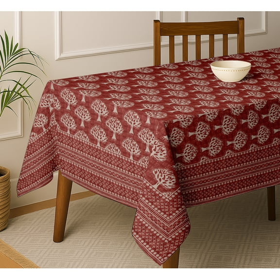 Vargottam Tree Theme Cotton Twill Tablecloth - Red 108x60 Inch Dining Table Cover, Suitable for 6 to 8 Seater Tables, Strong & Stylish, Machine Washable & Perfect for Family Meals & Special Occasions