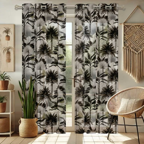 Vargottam Tropical Tree Print Sheer Georgette Curtains for French Doors & Balcony - 2 Panels, 96" Long, Light Filtering, Grommet Top Printed Drapes for Living Room or Lounge