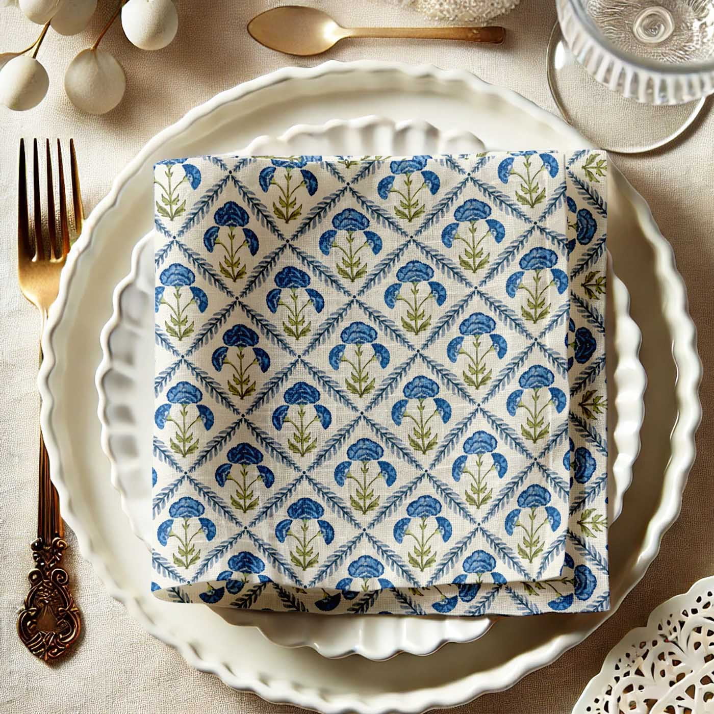 Vargottam Vibrant Blue Floral Trellis Cotton Muslin Napkins - Set of 12, 20-Inch, Luxurious & Absorbent, Perfect for Festive Occasions, Outdoor Dining, and Home Decor - Machine Washable