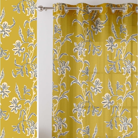 Vargottam Yellow Floral Design Sheer Curtains for Short Windows - Set of 2 Panels, 63", Grommet Top, Printed Georgette, Light Filtering Drapes for Kitchen or Bedroom