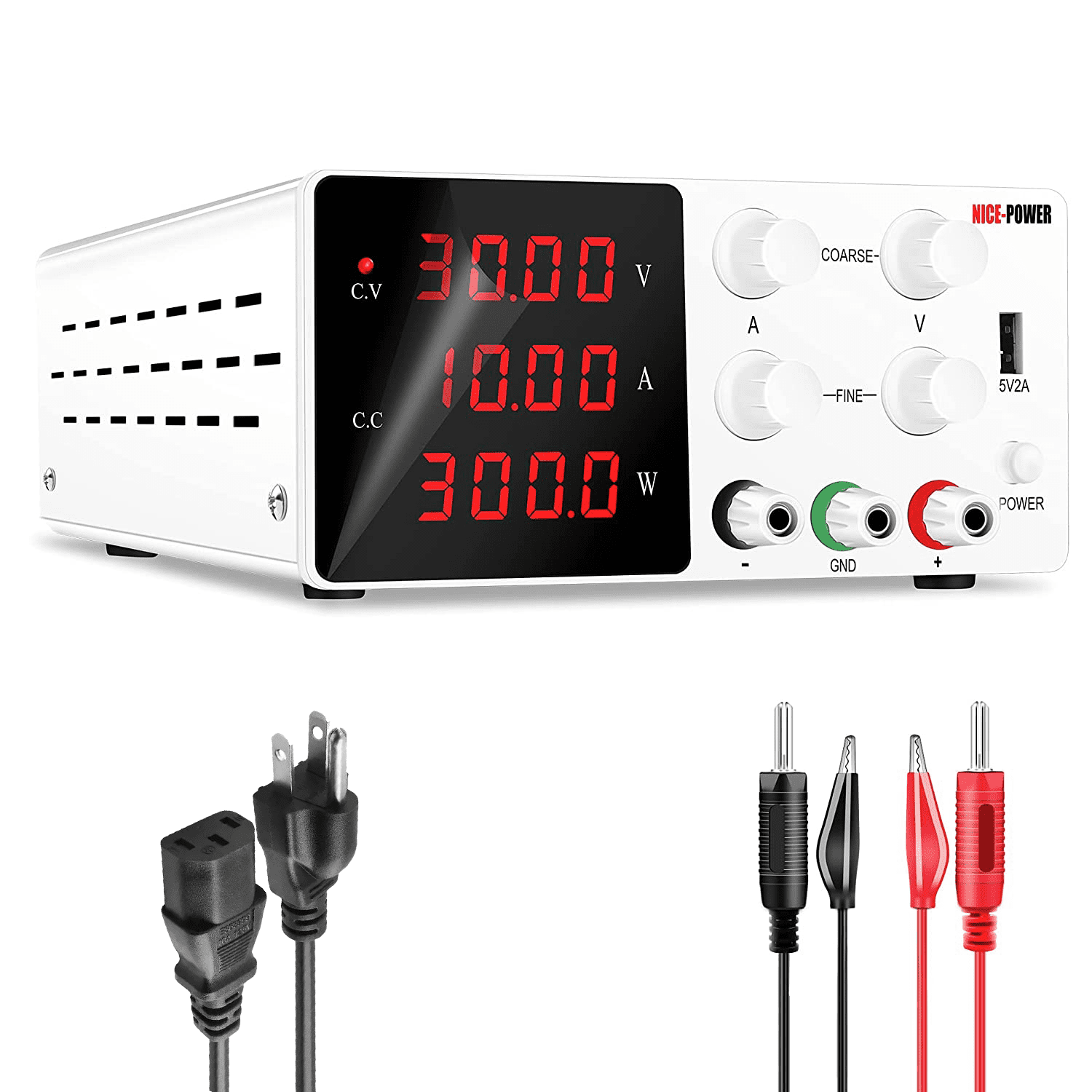 Laboratory Power Supply 0-30V / 0-10A Variable DC Desktop Power Supply 4 Digit LED Display, 5V/2A USB Port, Coarse and Fine Adjustments Jesverty SPS- 3010N