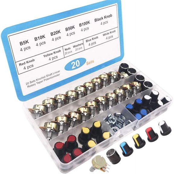 Audio Volume Control Potentiometer Kit, Includes Linear Taper Rotary and Multiturn Trimmer Potentiometer, Features Plastic Knobs and Aluminum Alloy Knobs, Resealable Storage Case