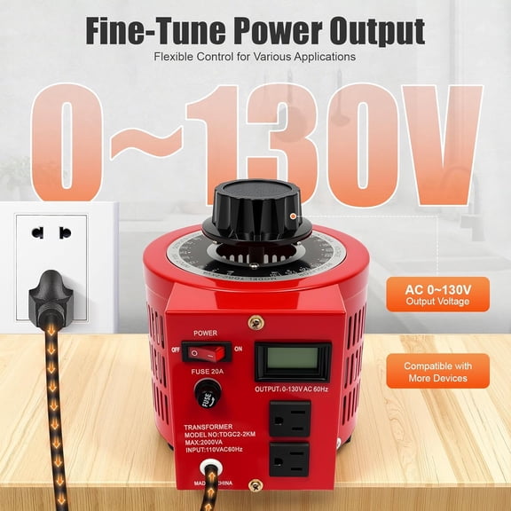 Variac Variable Transformer - 2000VA, 20A, 0-130V AC Output, All-Copper Coil, Low Noise, High Safety, Red$$Electrical