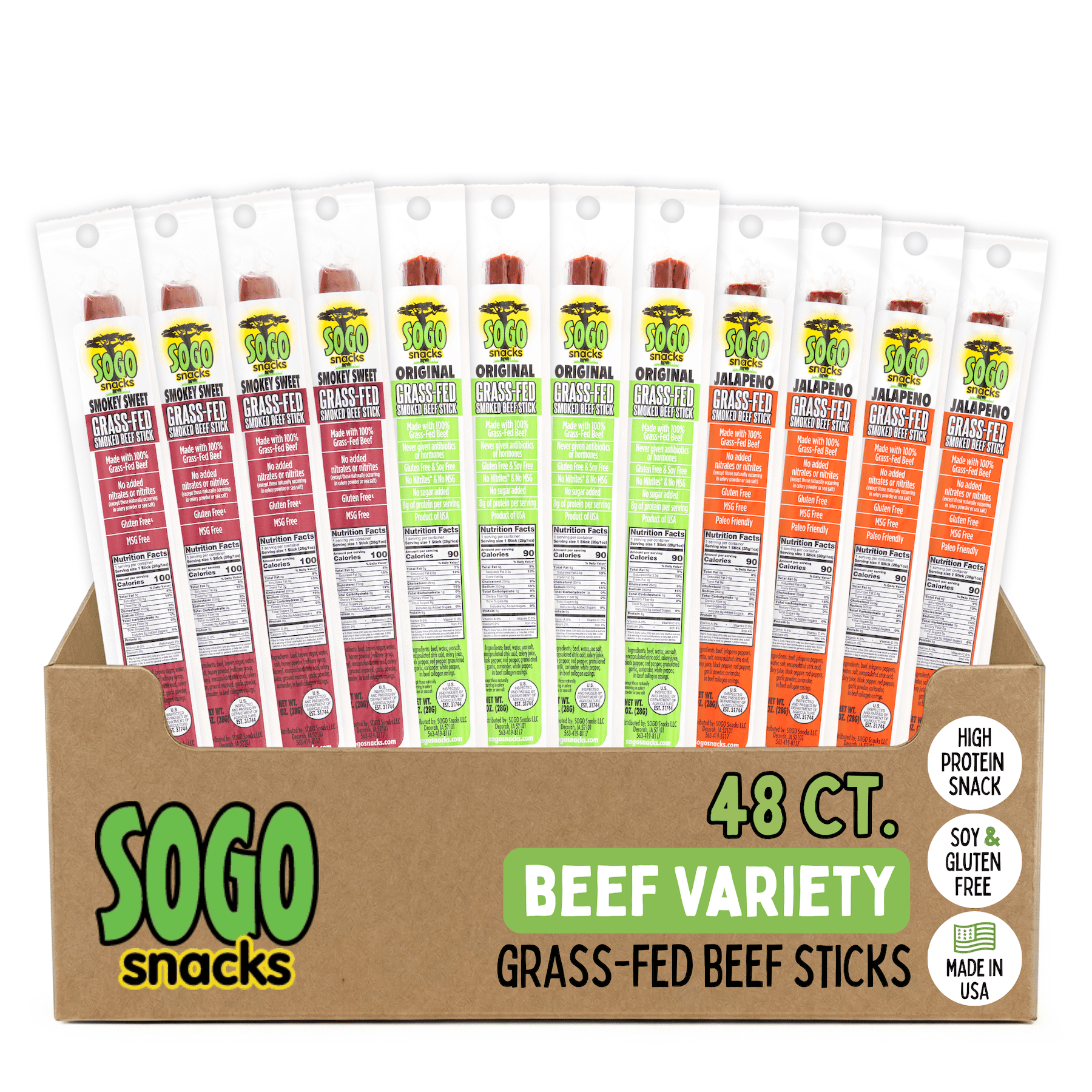Sogo Snacks Beef Sticks Variety Pack 100% Grass-Fed Non-GMO Keto 48 Count 1-oz