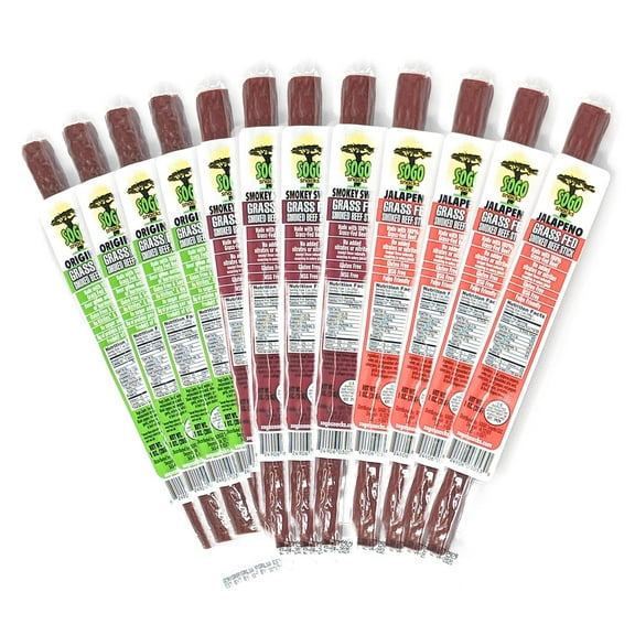 Variety, 100% Grass-fed/finished, Non-GMO Beef Sticks. No Added Nitrates, Gluten, Soy, MSG, Dairy or Nuts. Keto, Whole30 & Paleo (16 Original, 16 Smokey Sweet, 16 Jalapeno, 48 Count, 1-oz Sticks)