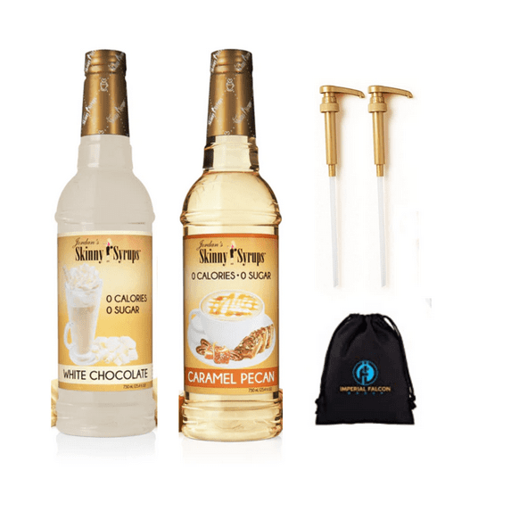 Variety 2 Pack of Jordan's Skinny Syrups Sugar Free 750 ml Bundle with bonus Gold Syrup Pumps (White Chocolate & Caramel Pecan)