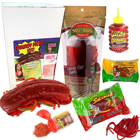 Variety Candy Pack | Candy Gift Box | Mexican Candy Mix includes chamoy pickle in a pouch, chamoy powder, chamoy candy sauce and 2 sour gummies salsaghetti packs