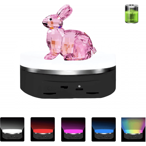Variety Colors Full Panel LED Luminous Rotating Display Stand , 11 Lbs Load, 360 Degree Photography Turntable for Glass Crystal Jewelry (6.3inch / 5Color LED Light / Black/Rechargeable)