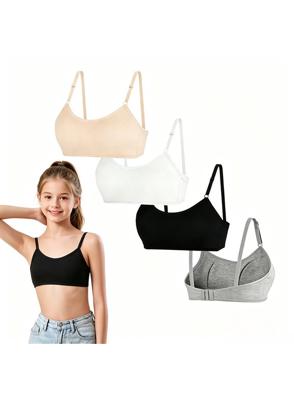 Variety Multi Pack Gentle Cotton Starter Bras Growing Girls 10-16 Wireless Light Cushion, Custom Adjustable Soft Straps Light Weight Mild Support School Puberty Bra Bundle