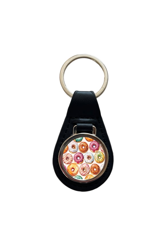 Variety Of Donuts Metal Black Leather Keychain