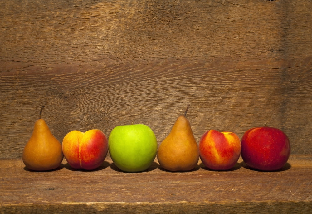 Variety Of Fruit In A Row On A Wooden Shelf Waterloo Quebec Canada Canvas Art - David Chapman Design Pics (18 x 12)