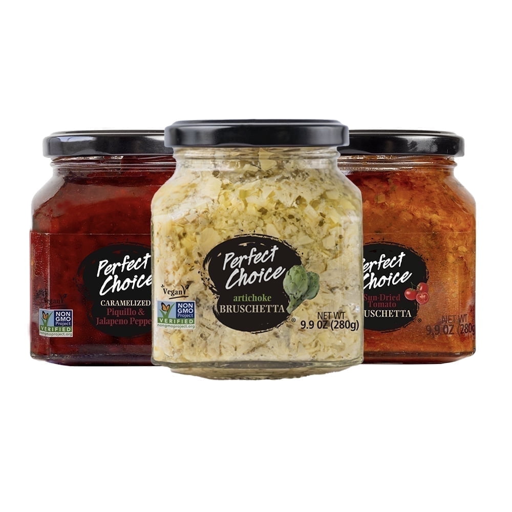 Perfect Choice Variety Pack: Artichoke Bruschetta, Sun-Dried Tomato Bruschetta & Caramelized Piquillo and Jalapeño Peppers - Pack of 3