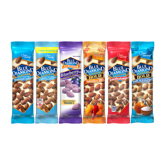 Variety Pack Blue Diamond Almond 6-Pack, 1.5 oz Bags, Includes Roasted Salted, Lightly Salted, Blueberry, Habanero BBQ, Smokehouse, Salt 'n Vinegar - Convenient Healthy Snack On-the-Go
