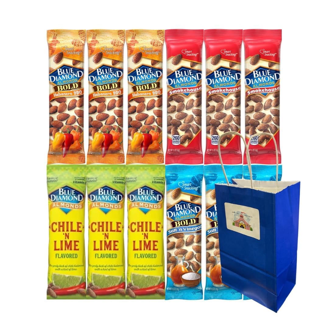 Variety Pack Blue Diamond Almonds 12 Count – 3 Each of 4 Flavors: Habanero BBQ, Smokehouse, Chile 'n Lime, Salt and Vinegar – 1.5 oz Packs – Includes Blue Paper Gift Bag – Bold Crunchy Almond Snack