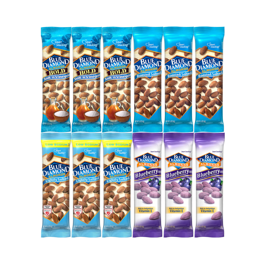 Variety Pack Blue Diamond Almonds, 3 Each 4 Flavor (Salt 'n Vinegar, Roasted Salted, Lightly Salted, Blueberry), 1.5 oz, 12 Pack - Premium Snack, Protein-Rich, Gluten-Free, Keto-Friendly