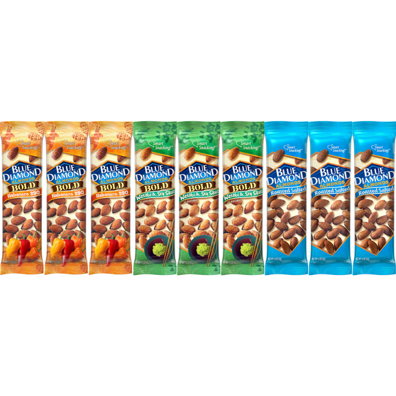 Variety Pack Blue Diamond Almonds, 3 Flavors, Habanero BBQ, Wasabi & Soy Sauce, Roasted Salted, 9-Pack, 1.5 oz Each, Nutritious Snacks, Protein-Packed, Gluten-Free, Convenient On-the-Go Packs