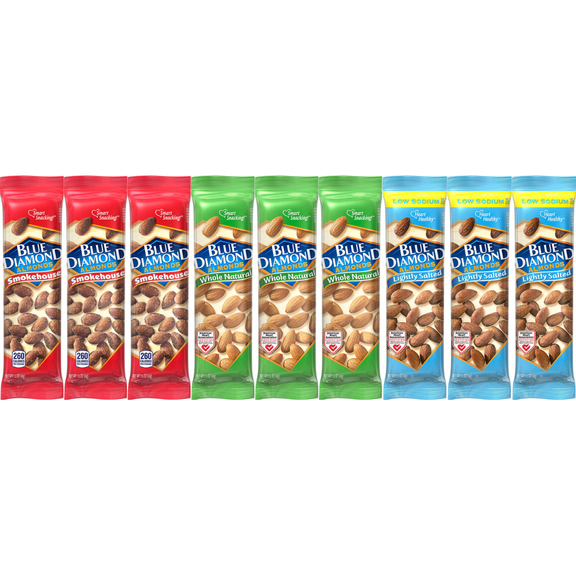 Variety Pack Blue Diamond Almonds, 3 Flavors Including Smokehouse, Whole Natural, Lightly Salted, 9 Pack, Convenient 1.5 oz Snack Size, Perfect for On-the-Go Healthy Snacking