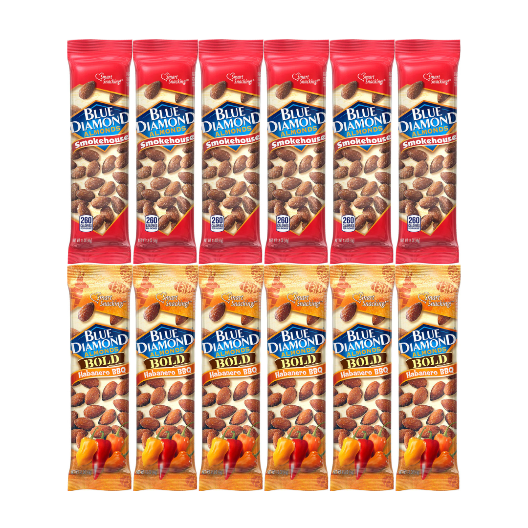 Variety Pack Blue Diamond Almonds, 6 Each 2 Flavor, Smokehouse, Habanero BBQ, 1.5 oz, 12 Pack – Premium Roasted Almonds, Healthy Snack, Gluten-Free, Keto-Friendly, High Protein, Pack of 12