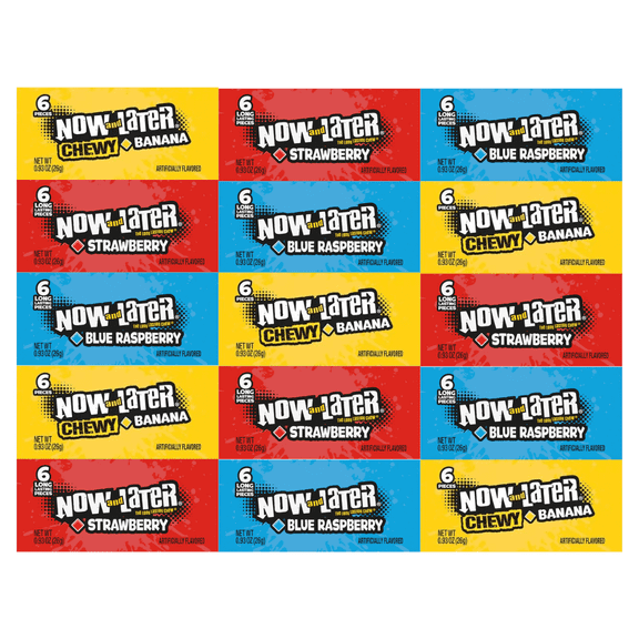 Variety Pack Candy Now and Later, 15 Individually Wrapped Pieces, Includes 5 Blue Raspberry, 5 Banana, and 5 Strawberry Flavors, 0.93 oz Each, Long-Lasting Chewy Taffy, Great for Parties or On-the-Go