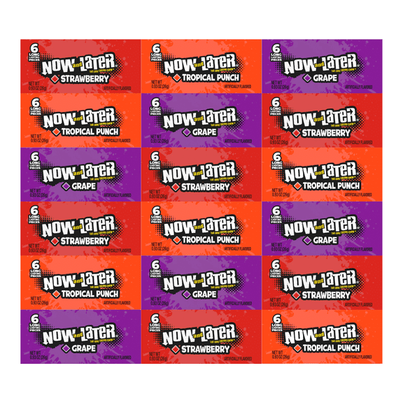 Variety Pack Candy Now and Later 18 Count Individually Wrapped Chewy Candy Assortment Includes 6 Each of Tropical Punch, Grape, Strawberry Perfect for Snacking, Sharing, and Party Favors