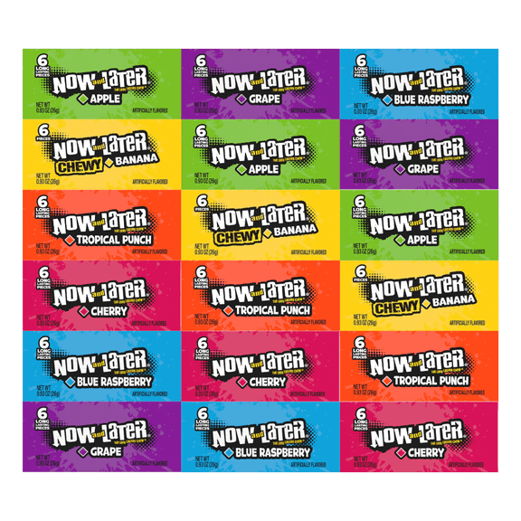 Variety Pack Candy Now and Later, 18 Individually Wrapped Pieces, 6 Assorted Flavors Including Apple, Banana, Tropical Punch, Cherry, Blue Raspberry, and Grape - Perfect for Parties