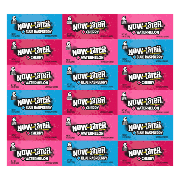 Variety Pack Candy Now and Later  18 Pack, Individually Wrapped, 6 Each of Cherry, Blue Raspberry, Watermelon, 0.93 oz  Chewy and Long-Lasting Fruity Flavor, Perfect for Sharing and Snacking