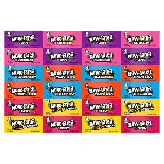 Variety Pack Candy Now and Later - 24 Pack, 4 Each of Grape, Watermelon, Blue Raspberry, Tropical Punch, Cherry, Banana, Individually Wrapped, 0.93 oz, Long-Lasting Chewy Treats